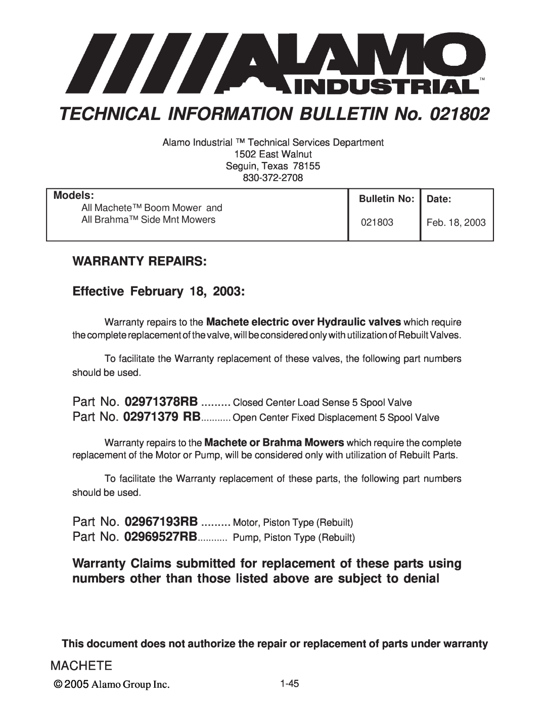 Alamo T 7740 manual WARRANTY REPAIRS Effective February 18, Part No. 02967193RB, Bulletin No: Date, Machete, Models 