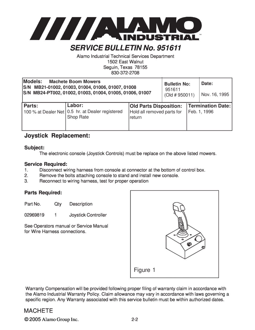 Alamo T 7740 SERVICE BULLETIN No, Joystick Replacement, Labor, Old Parts Disposition, Termination Date, 951611, Old # 