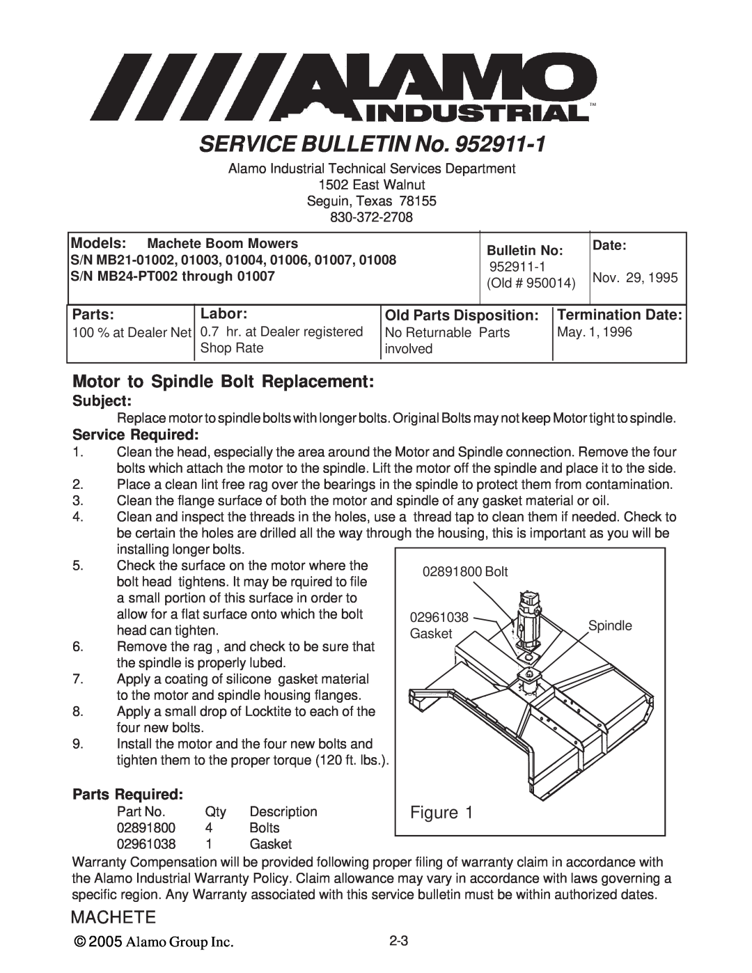 Alamo T 7740 Motor to Spindle Bolt Replacement, 952911-1, S/N MB24-PT002through, Nov. 29, SERVICE BULLETIN No, Figure 