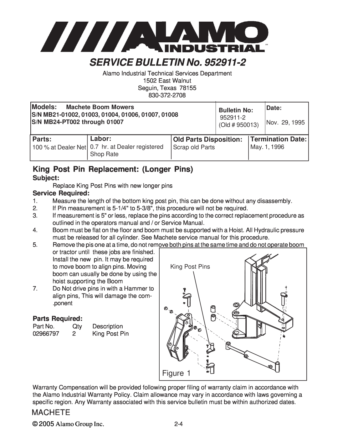 Alamo T 7740 King Post Pin Replacement: Longer Pins, 952911-2, SERVICE BULLETIN No, Figure, Machete, Parts, Labor, Subject 