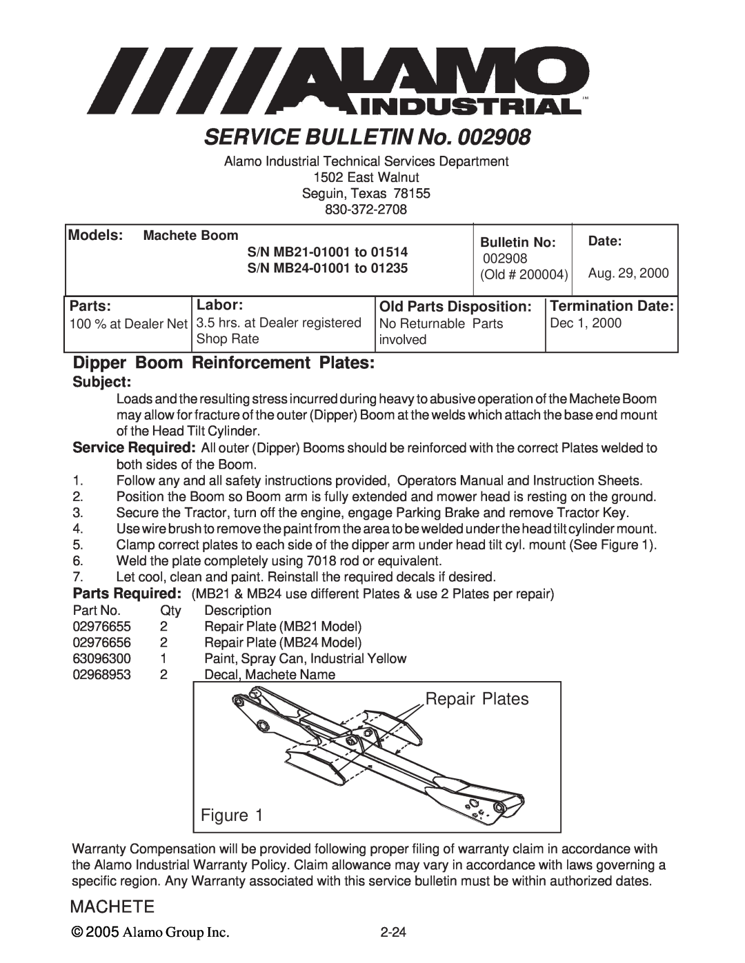 Alamo T 7740 Dipper Boom Reinforcement Plates, Repair Plates, 002908, Aug. 29, No Returnable Parts, Dec 1, Shop Rate, Date 