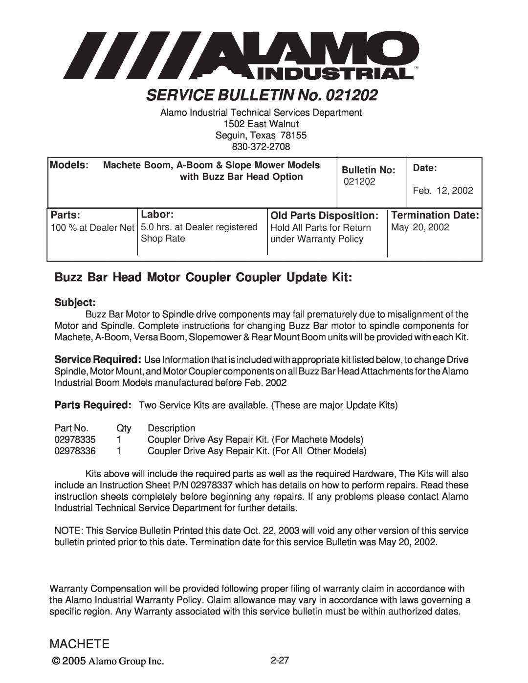 Alamo T 7740 Buzz Bar Head Motor Coupler Coupler Update Kit, Models: Machete Boom, A-Boom& Slope Mower Models, Parts, Date 
