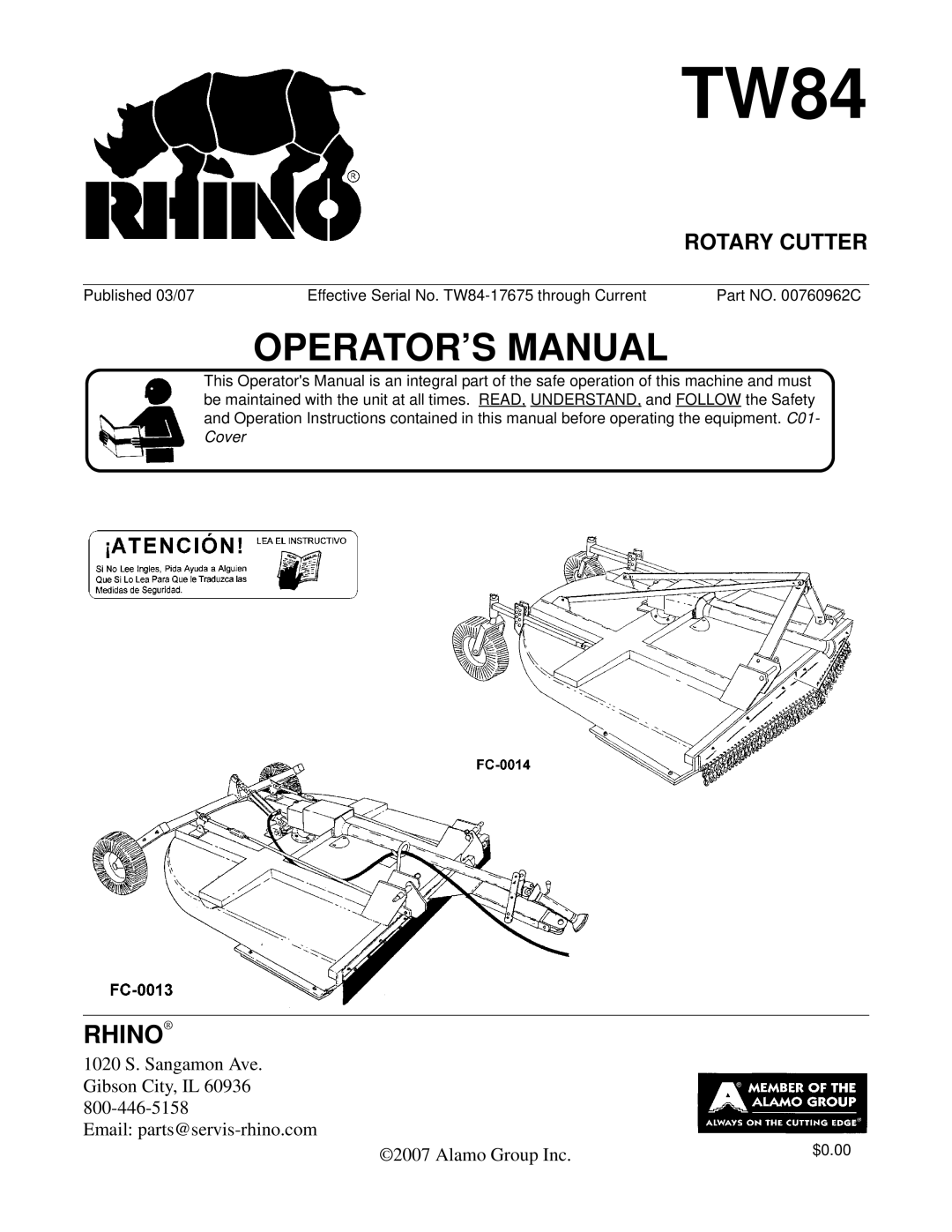 Alamo TW84 manual Rotary Cutter 