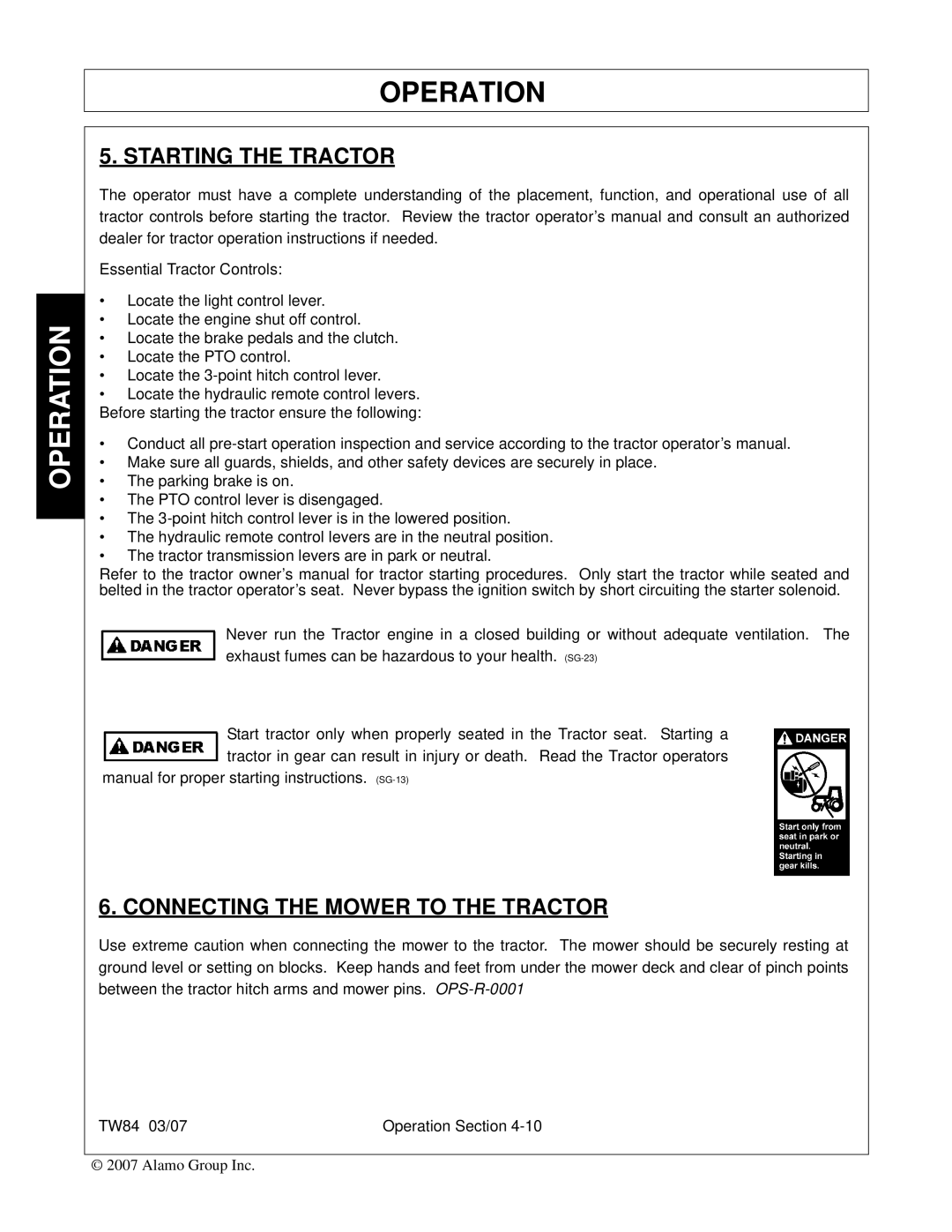 Alamo TW84 manual Starting the Tractor, Connecting the Mower to the Tractor 