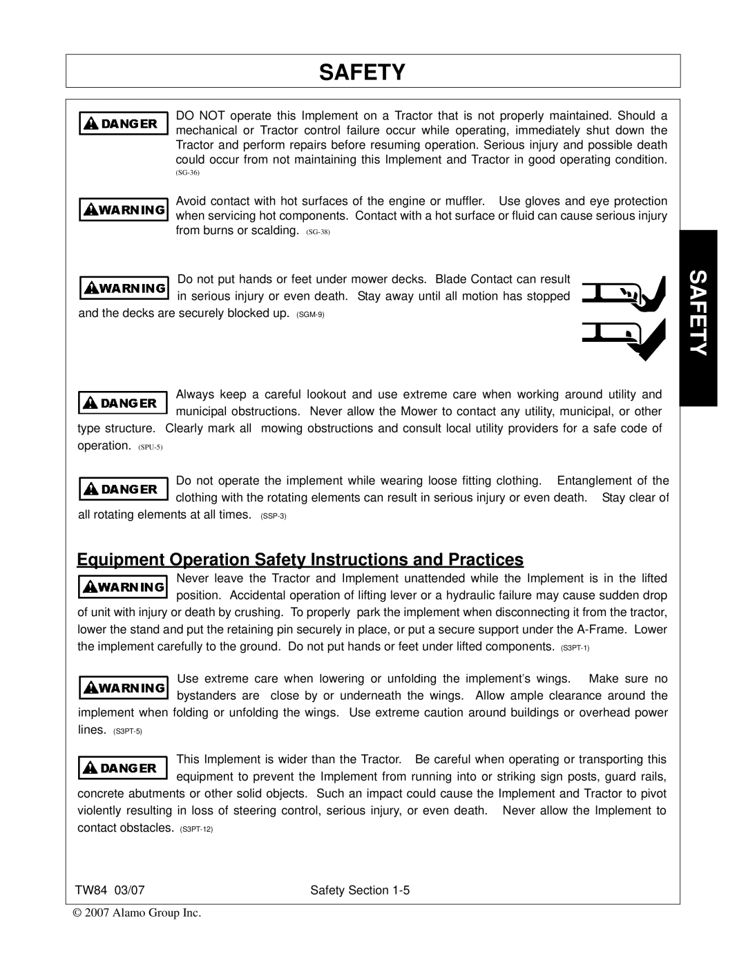 Alamo TW84 manual Equipment Operation Safety Instructions and Practices 