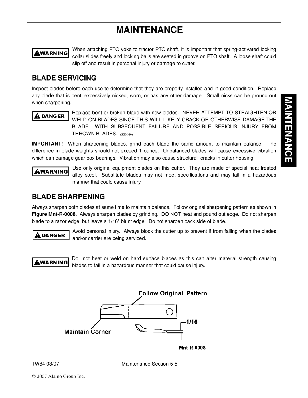 Alamo TW84 manual Blade Servicing, Blade Sharpening 