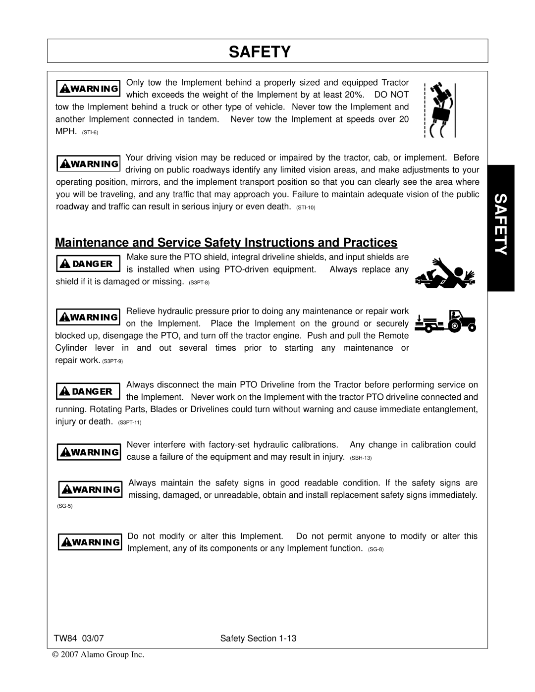 Alamo TW84 manual Maintenance and Service Safety Instructions and Practices 