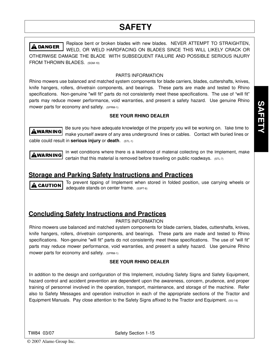 Alamo TW84 manual Storage and Parking Safety Instructions and Practices 