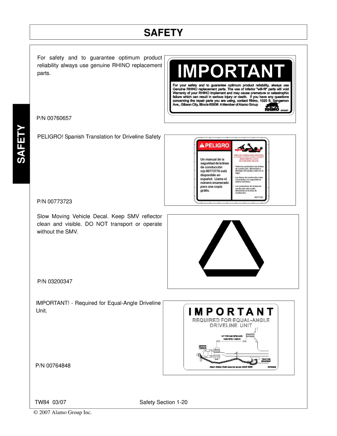 Alamo TW84 manual Safety 