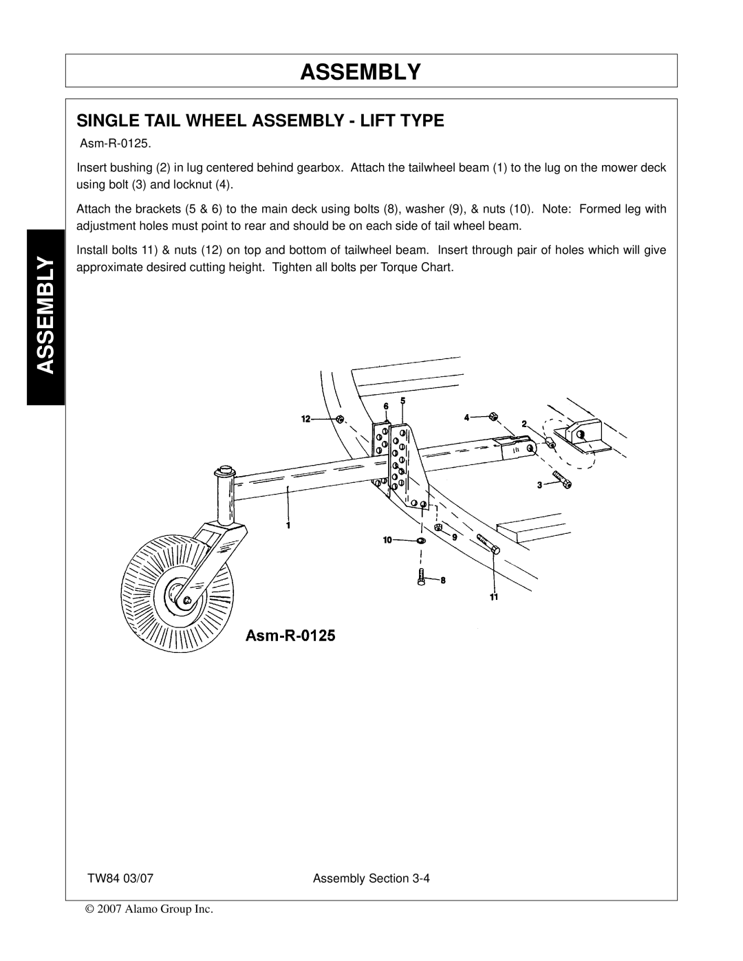 Alamo TW84 manual Single Tail Wheel Assembly Lift Type 