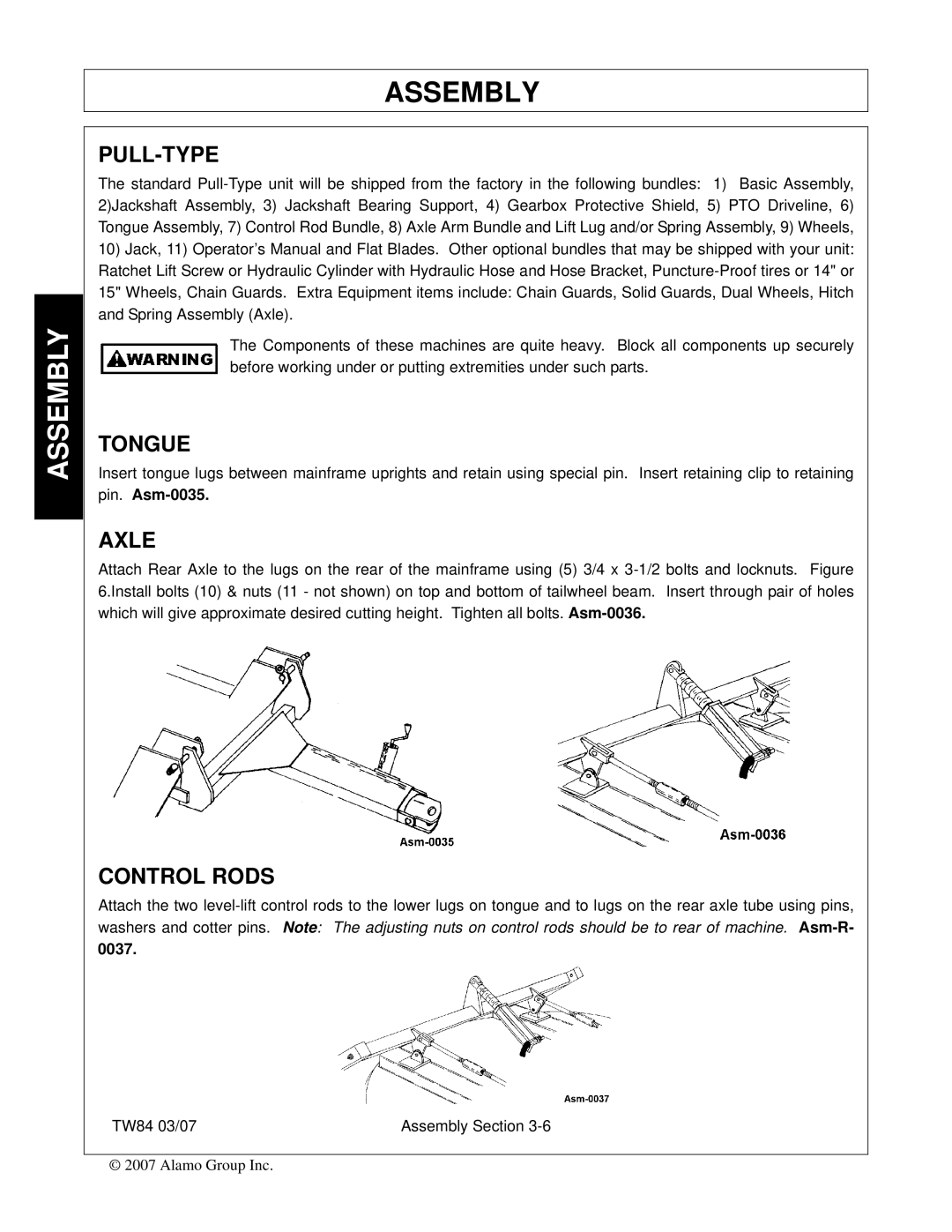 Alamo TW84 manual Pull-Type, Tongue, Axle, Control Rods 