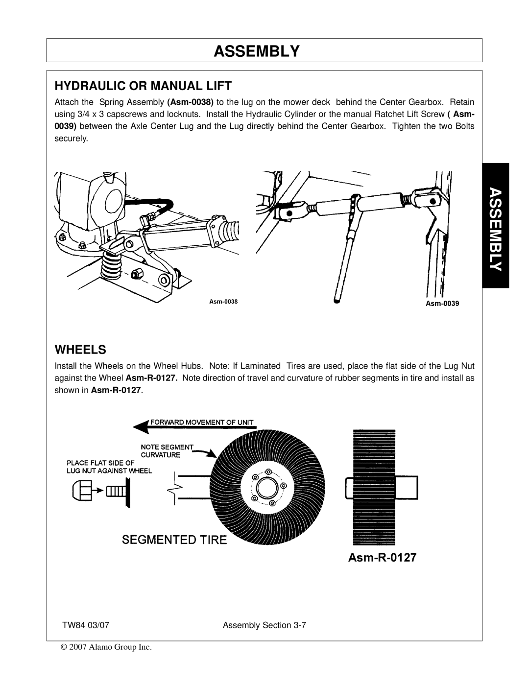 Alamo TW84 manual Hydraulic or Manual Lift, Wheels 