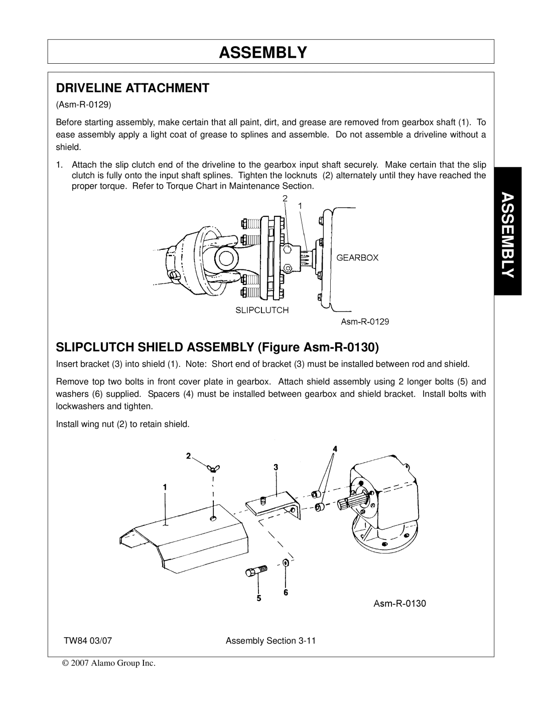 Alamo TW84 manual Driveline Attachment, Slipclutch Shield Assembly Figure Asm-R-0130 