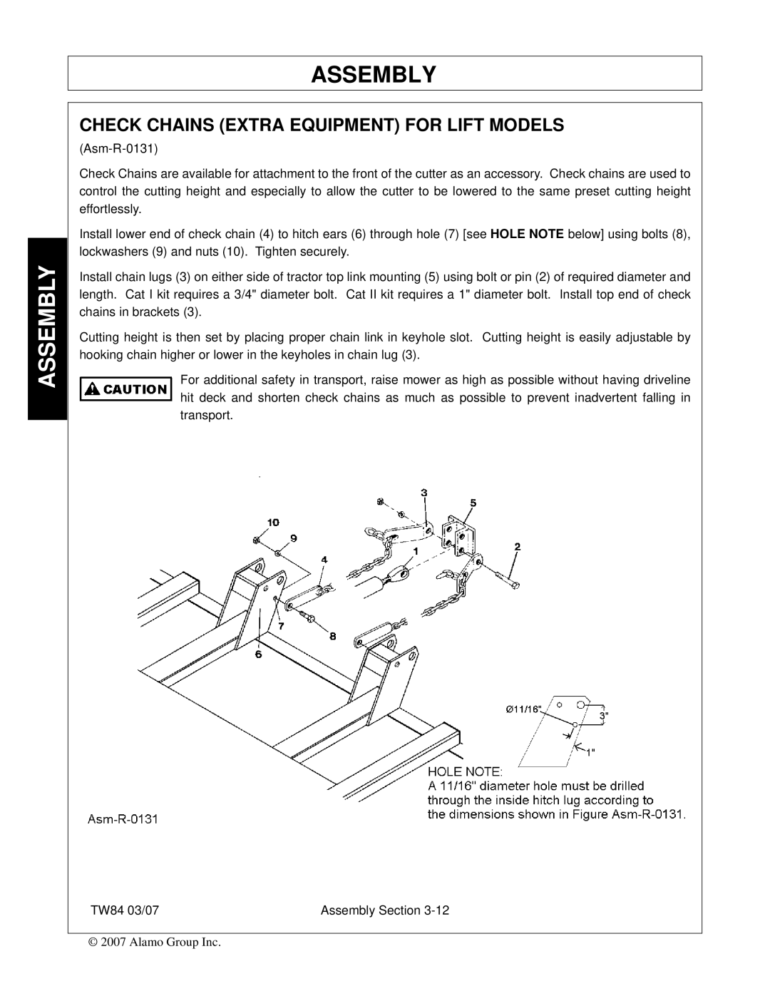 Alamo TW84 manual Check Chains Extra Equipment for Lift Models 