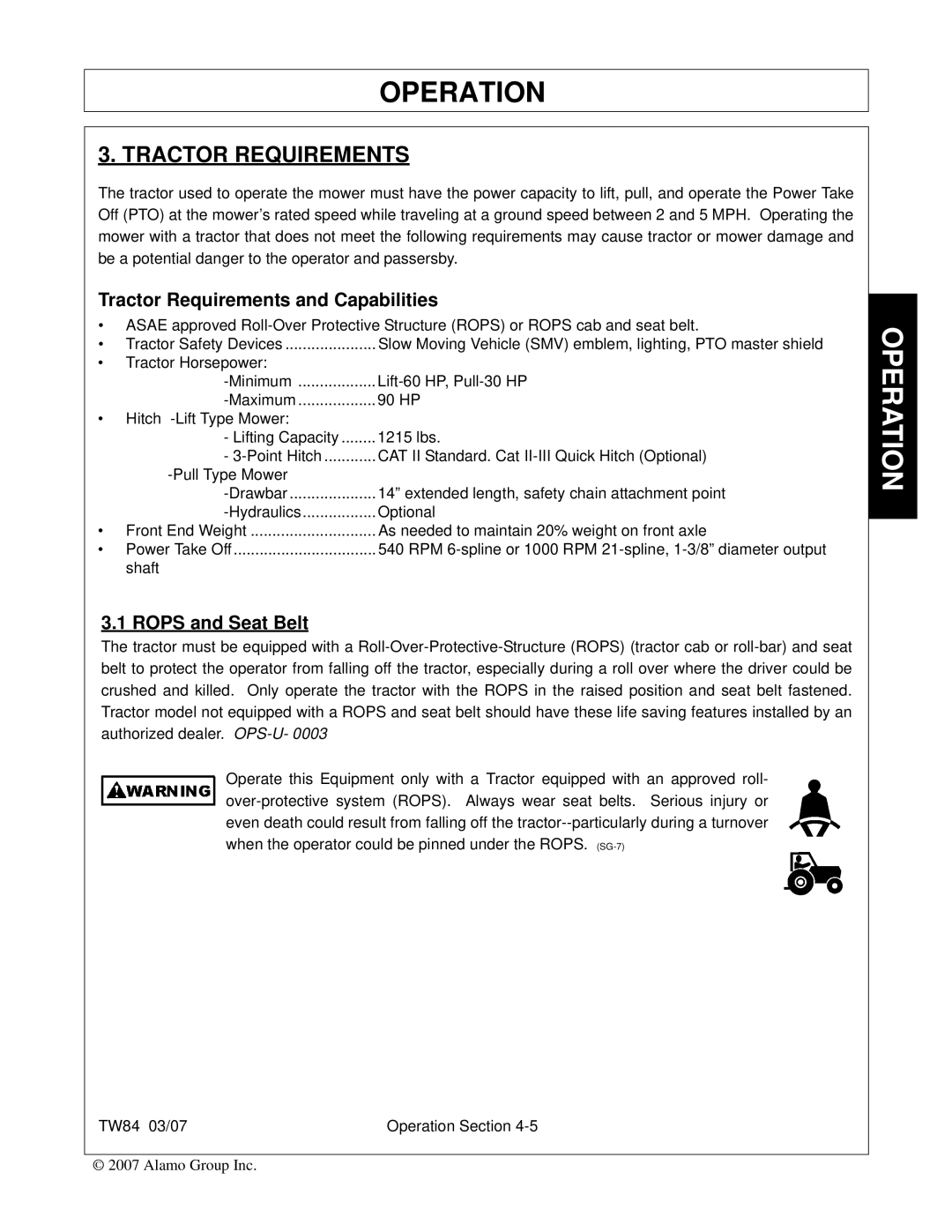 Alamo TW84 manual Tractor Requirements and Capabilities, Rops and Seat Belt 