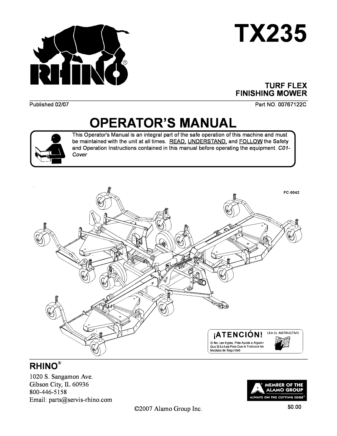 Alamo TX235 manual Rhino, Turf Flex, Operator’S Manual, Finishing Mower 