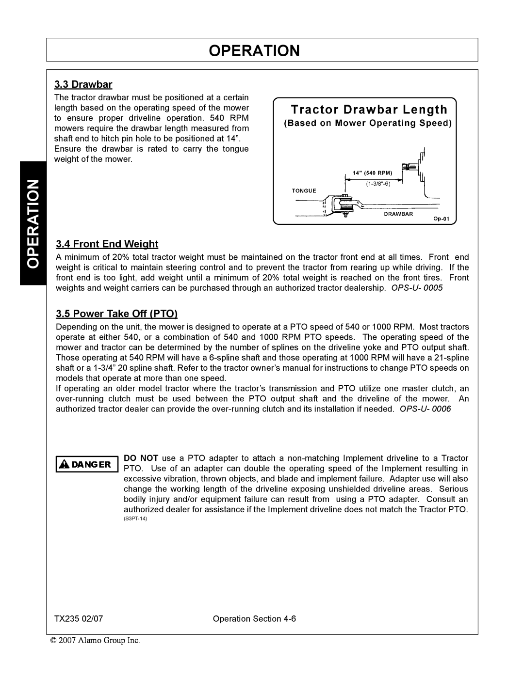 Alamo TX235 manual Drawbar, Front End Weight, Power Take Off PTO, Operation 