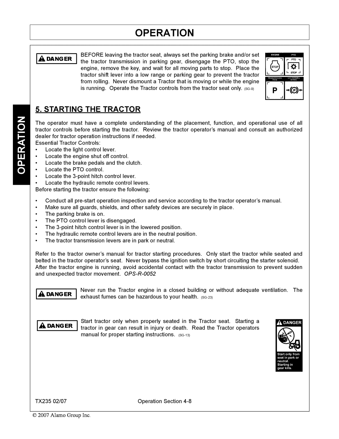 Alamo TX235 manual Starting The Tractor, Operation 