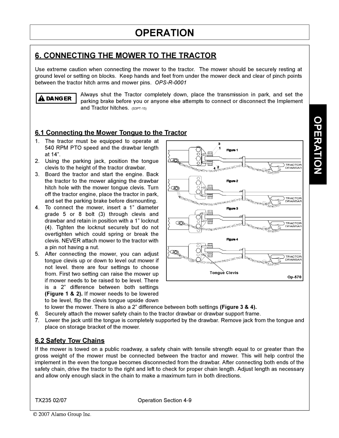 Alamo TX235 Connecting The Mower To The Tractor, Connecting the Mower Tongue to the Tractor, Safety Tow Chains, Operation 