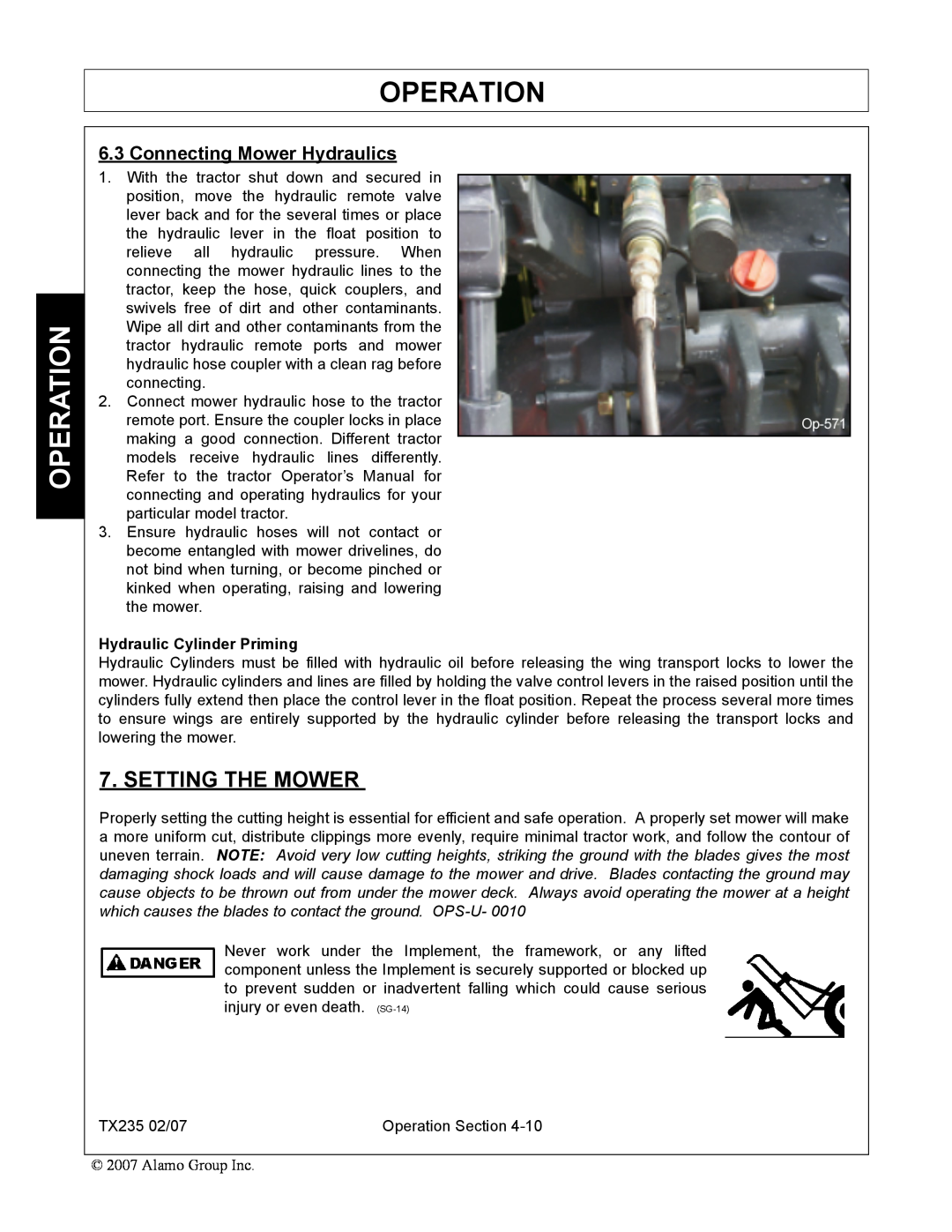 Alamo TX235 manual Setting The Mower, Connecting Mower Hydraulics, Operation, Hydraulic Cylinder Priming 