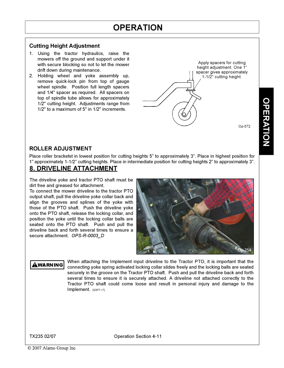 Alamo TX235 manual Driveline Attachment, Cutting Height Adjustment, Roller Adjustment, Operation 