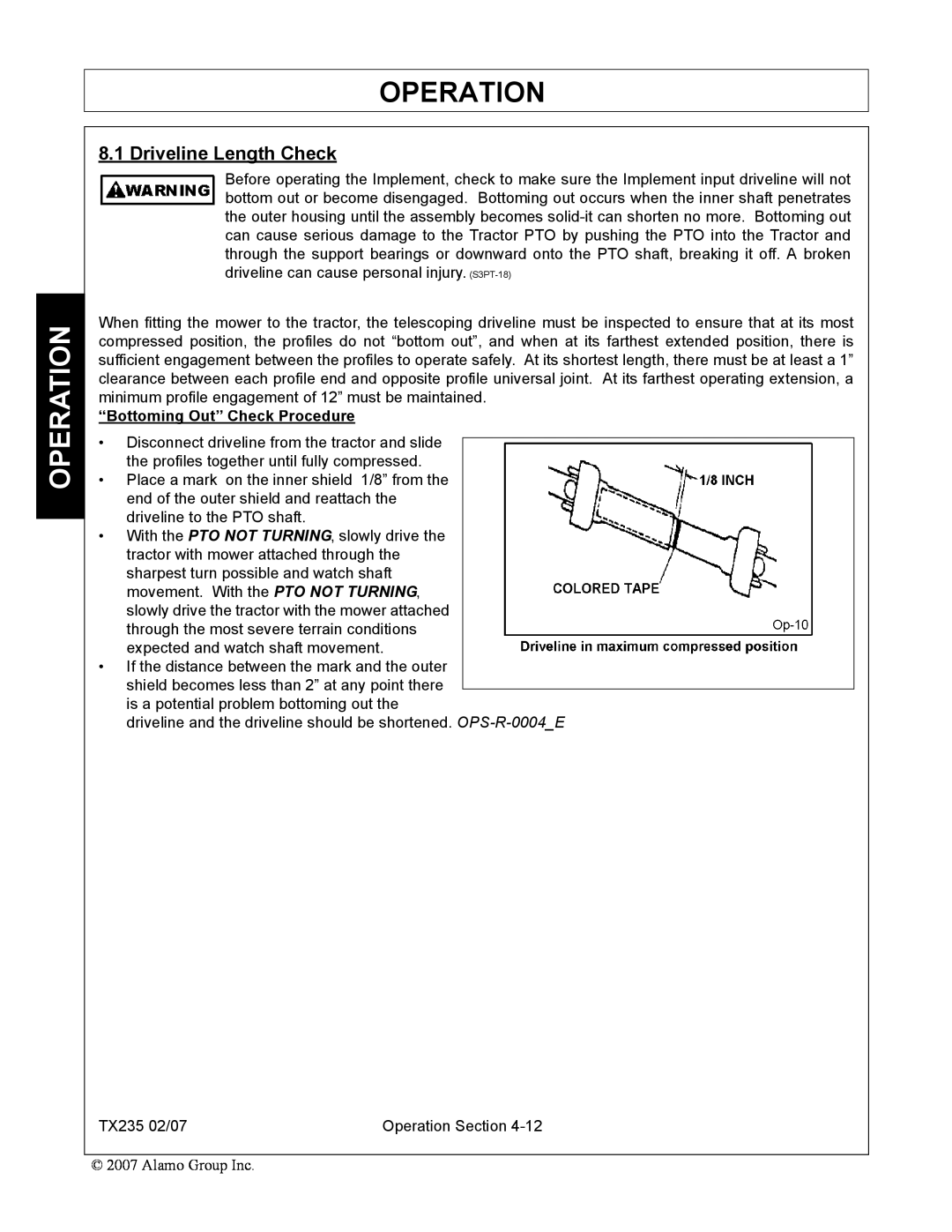 Alamo TX235 manual Driveline Length Check, Operation, “Bottoming Out” Check Procedure 