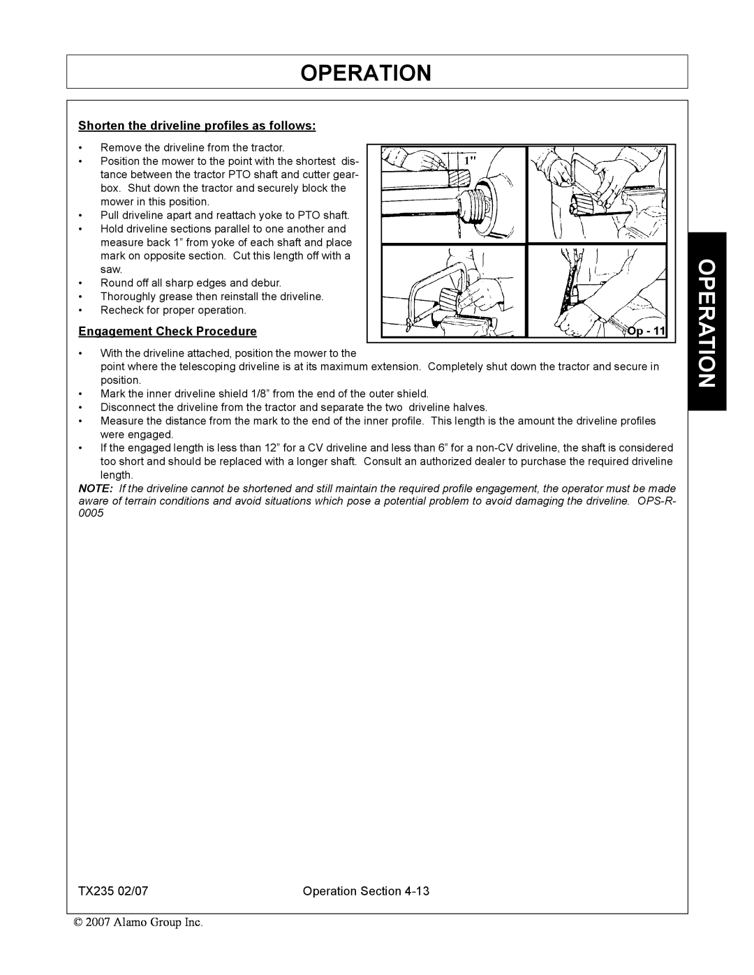 Alamo TX235 manual Operation, Shorten the driveline profiles as follows, Engagement Check Procedure 