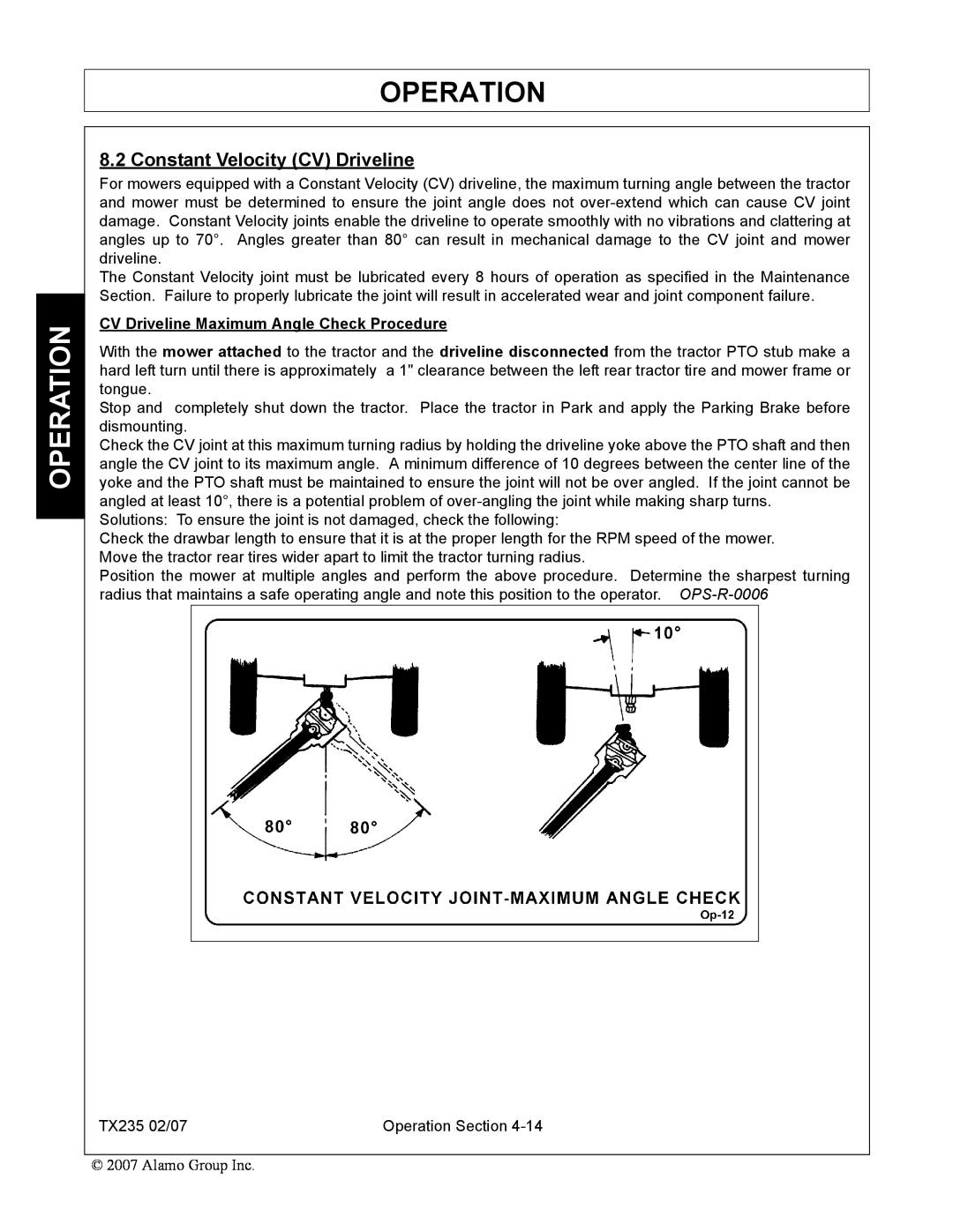 Alamo TX235 manual Constant Velocity CV Driveline, Operation, CV Driveline Maximum Angle Check Procedure 