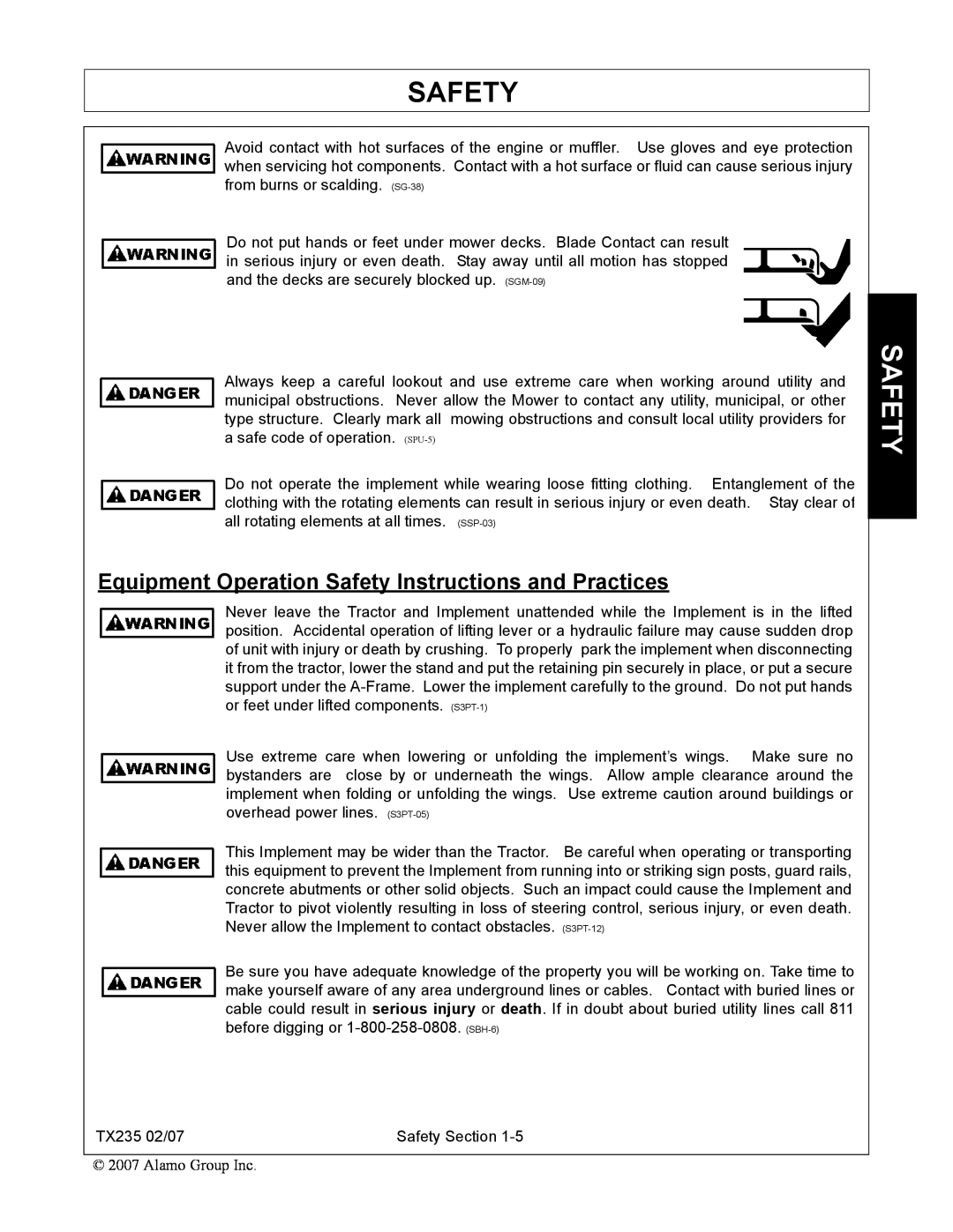 Alamo TX235 manual Equipment Operation Safety Instructions and Practices 