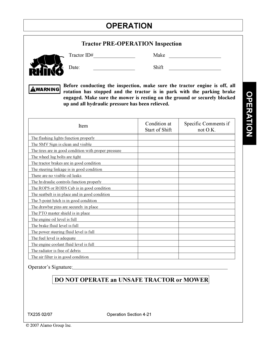 Alamo TX235 manual Tractor PRE-OPERATION Inspection, Operation, DO NOT OPERATE an UNSAFE TRACTOR or MOWER 