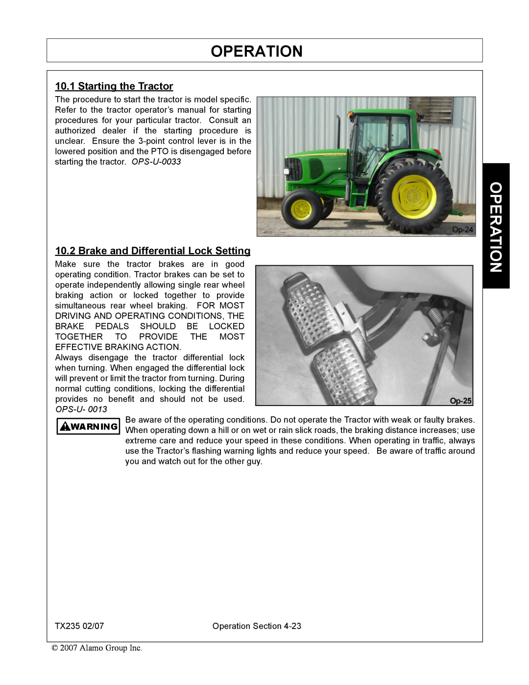 Alamo TX235 manual Starting the Tractor, Brake and Differential Lock Setting, Operation 