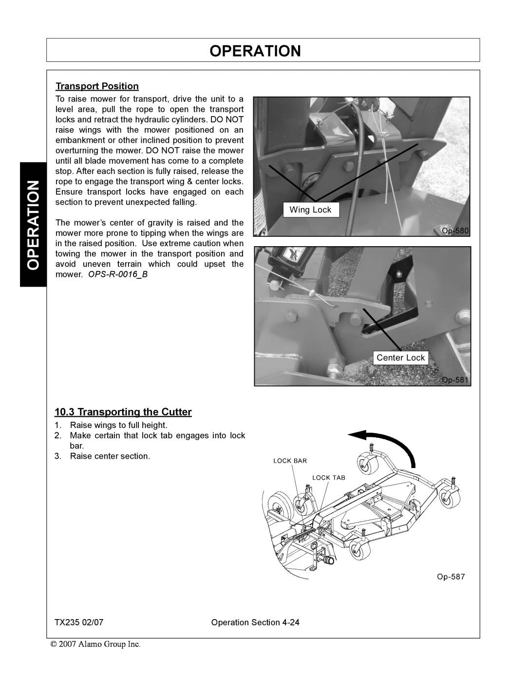 Alamo TX235 manual Transporting the Cutter, Operation, Transport Position 