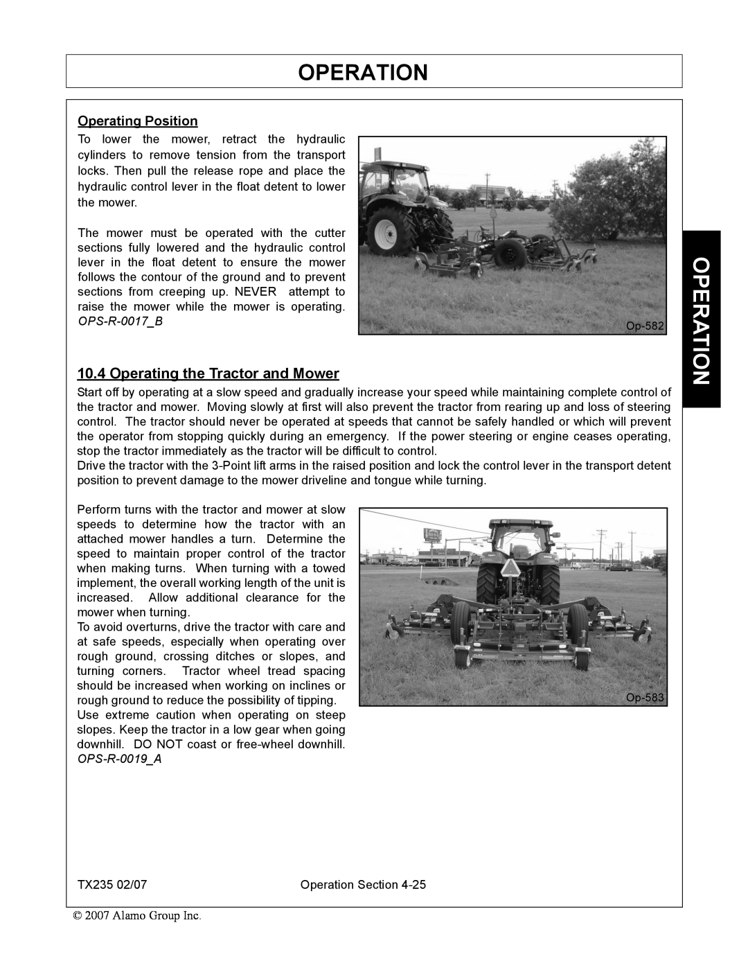 Alamo TX235 manual Operating the Tractor and Mower, Operation, Operating Position 