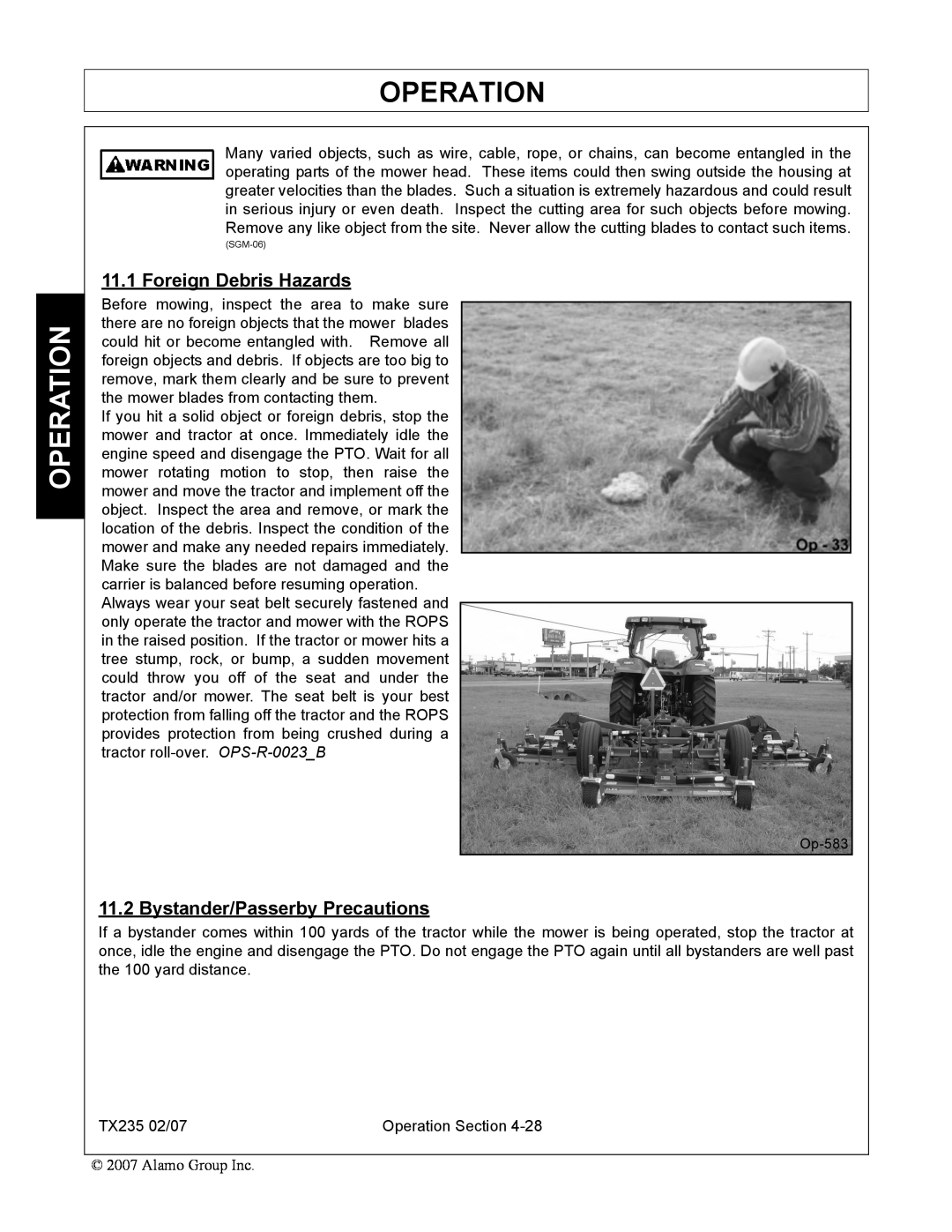 Alamo TX235 manual Foreign Debris Hazards, Bystander/Passerby Precautions, Operation 