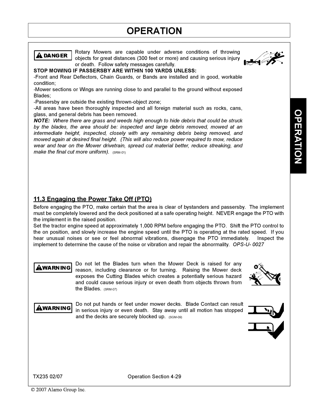 Alamo TX235 manual Engaging the Power Take Off PTO, Operation, STOP MOWING IF PASSERSBY ARE WITHIN 100 YARDS UNLESS 