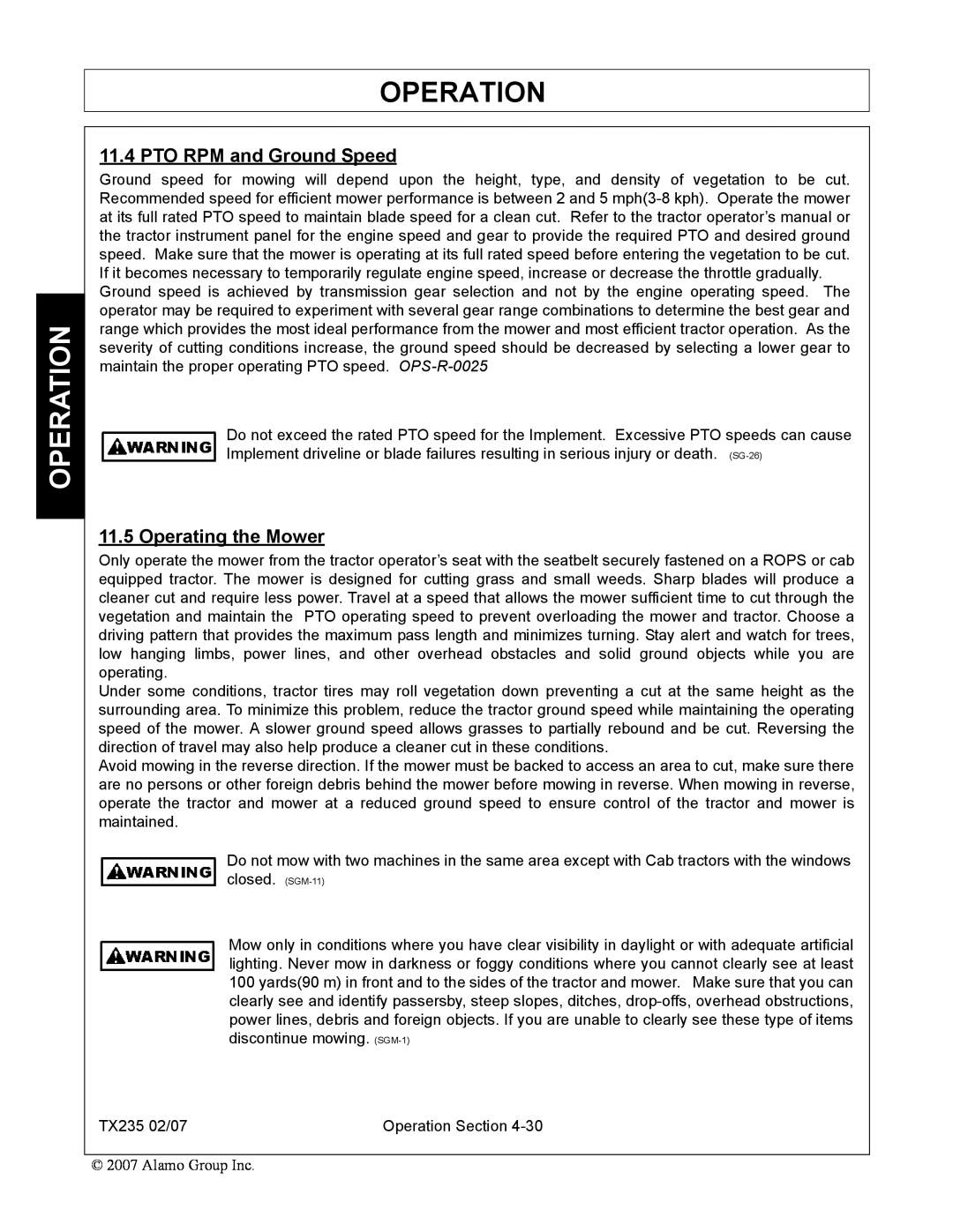 Alamo TX235 manual PTO RPM and Ground Speed, Operating the Mower, Operation 