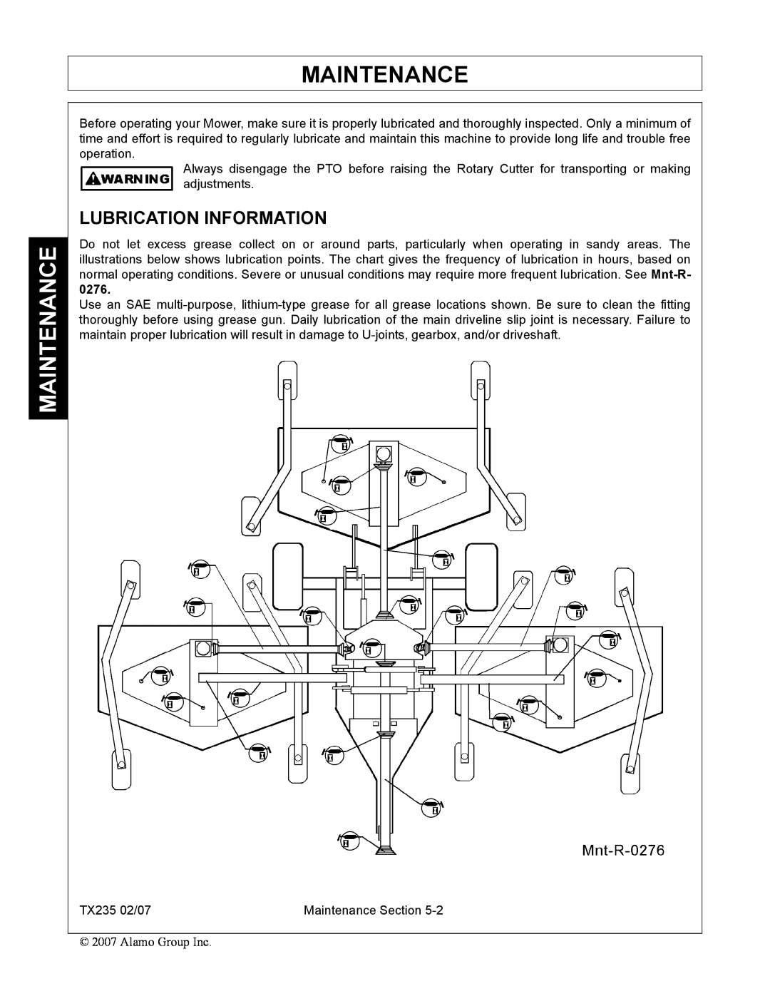 Alamo TX235 manual Maintenance, Lubrication Information 