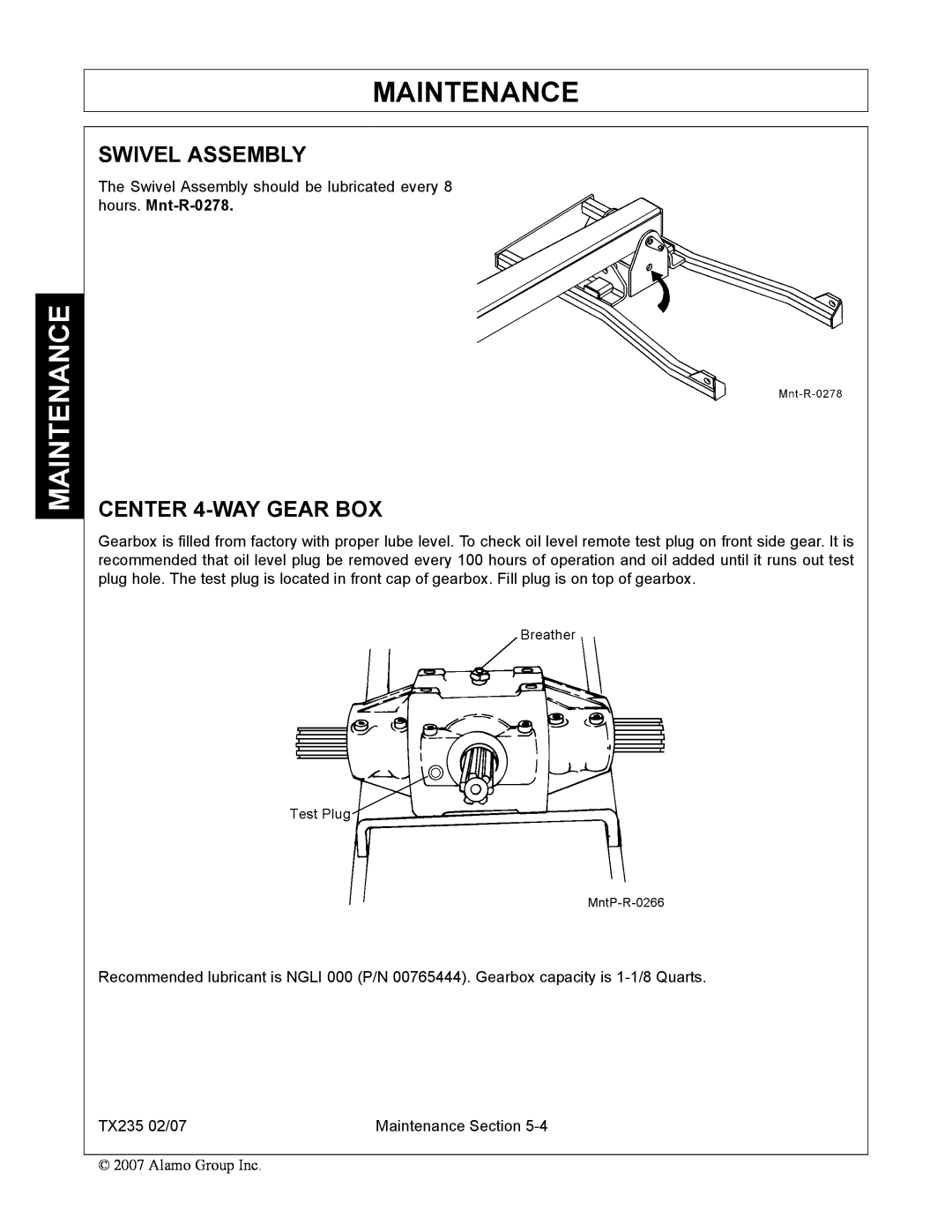 Alamo TX235 manual Swivel Assembly, CENTER 4-WAY GEAR BOX, Maintenance 
