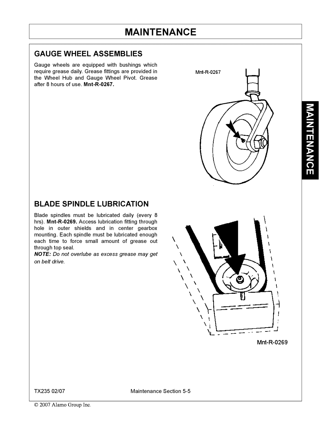 Alamo TX235 manual Gauge Wheel Assemblies, Blade Spindle Lubrication, Maintenance 