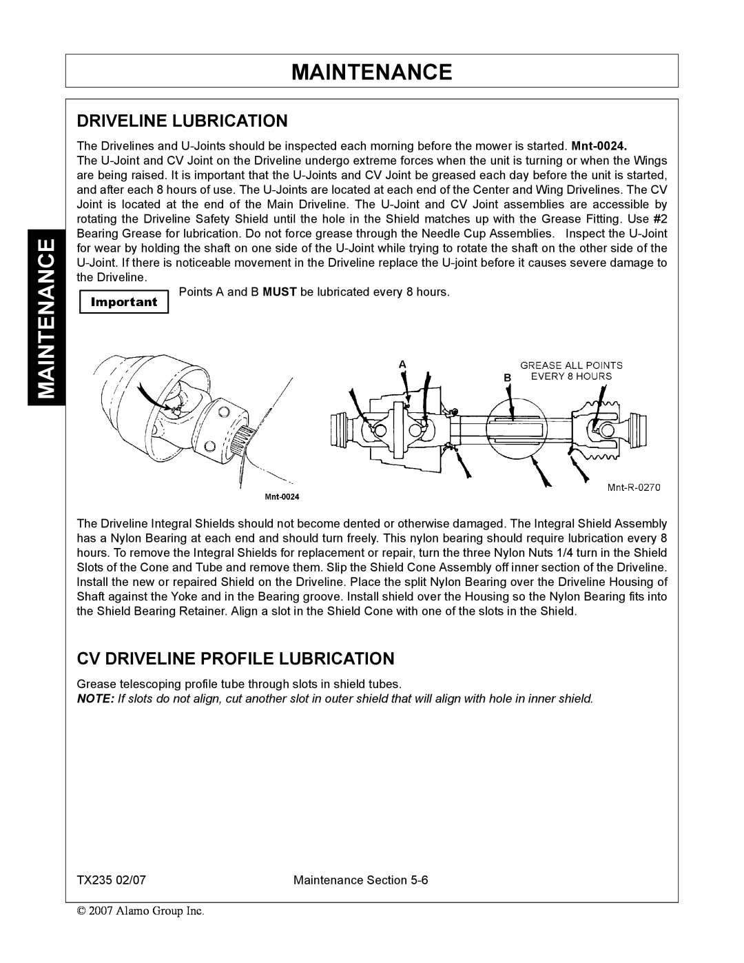 Alamo TX235 manual Driveline Lubrication, Cv Driveline Profile Lubrication, Maintenance 