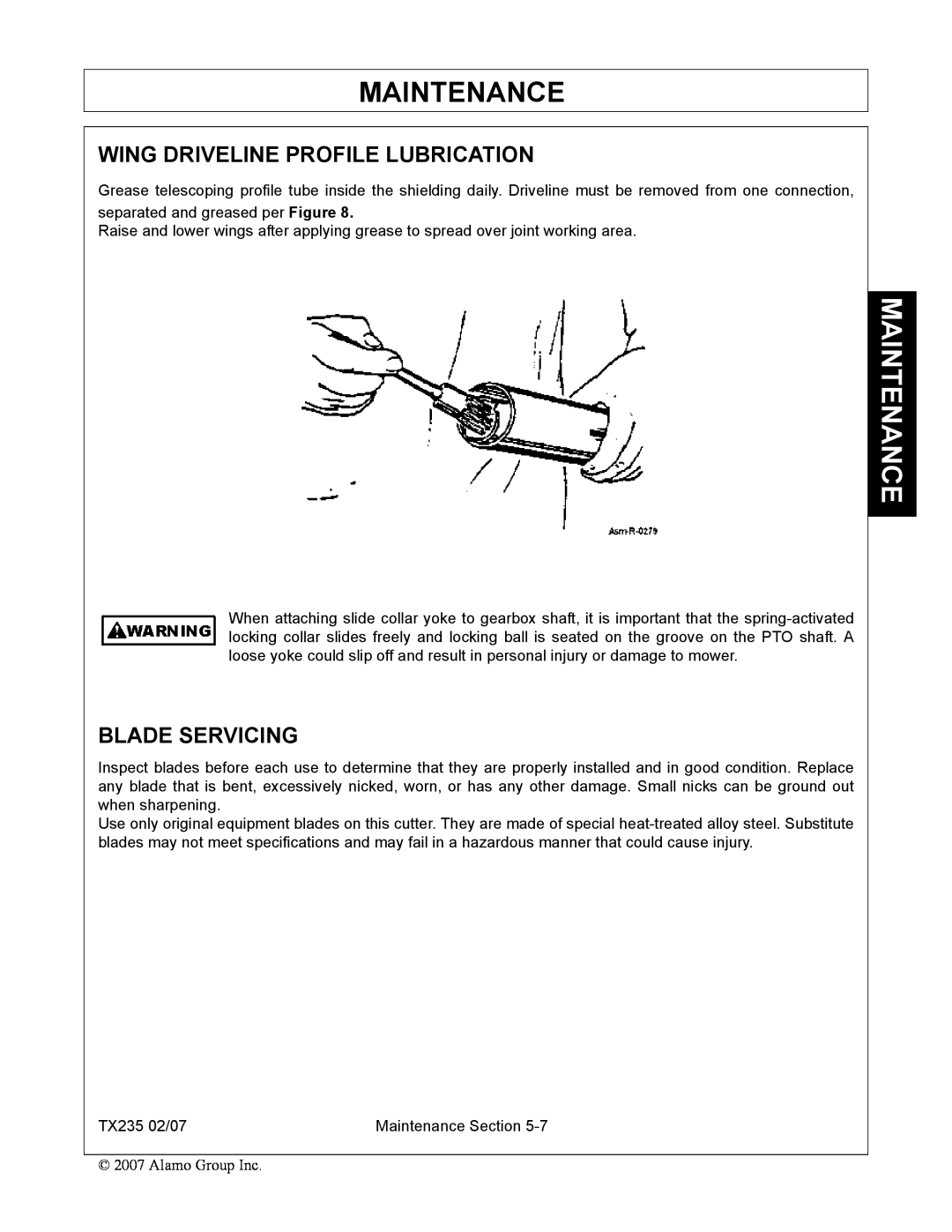 Alamo TX235 manual Wing Driveline Profile Lubrication, Blade Servicing, Maintenance 