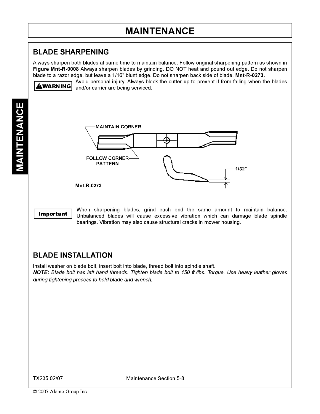 Alamo TX235 manual Blade Sharpening, Blade Installation, Maintenance 