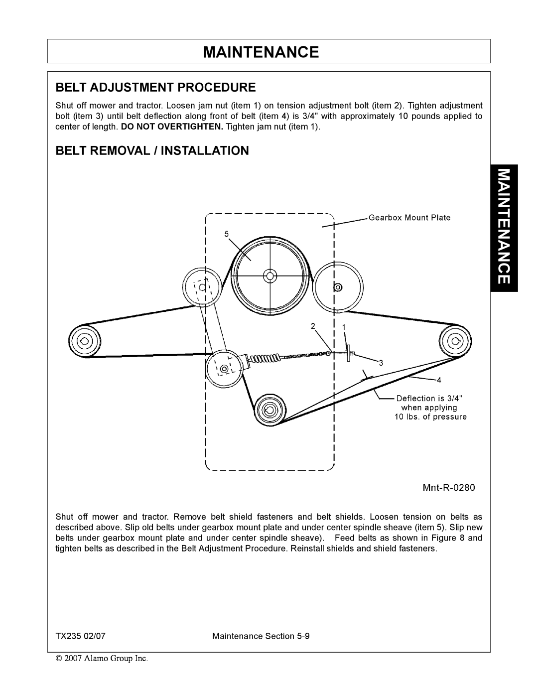 Alamo TX235 manual Belt Adjustment Procedure, Belt Removal / Installation, Maintenance 