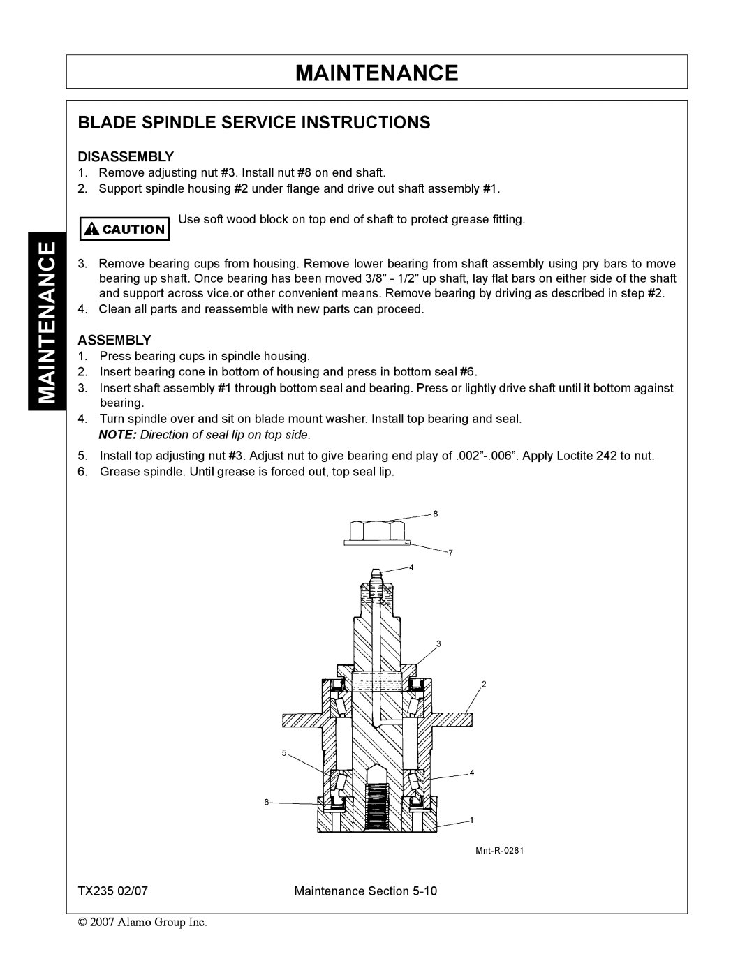 Alamo TX235 Blade Spindle Service Instructions, Maintenance, Disassembly, Assembly, NOTE Direction of seal lip on top side 