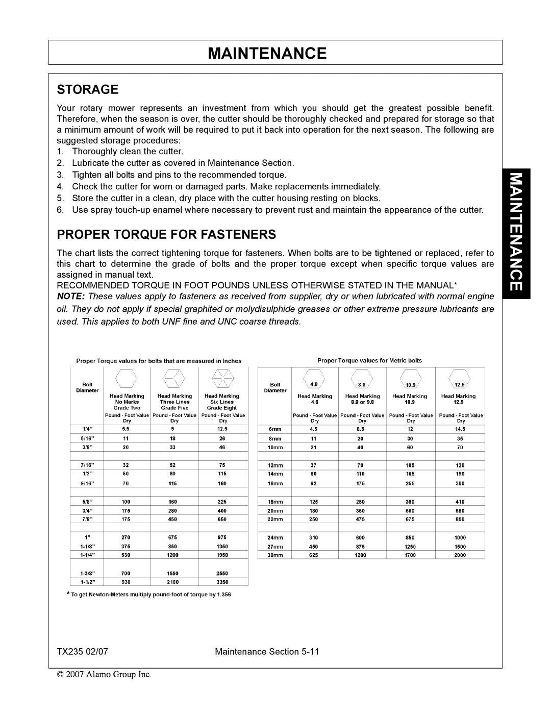 Alamo TX235 manual Storage, Proper Torque For Fasteners, Maintenance 