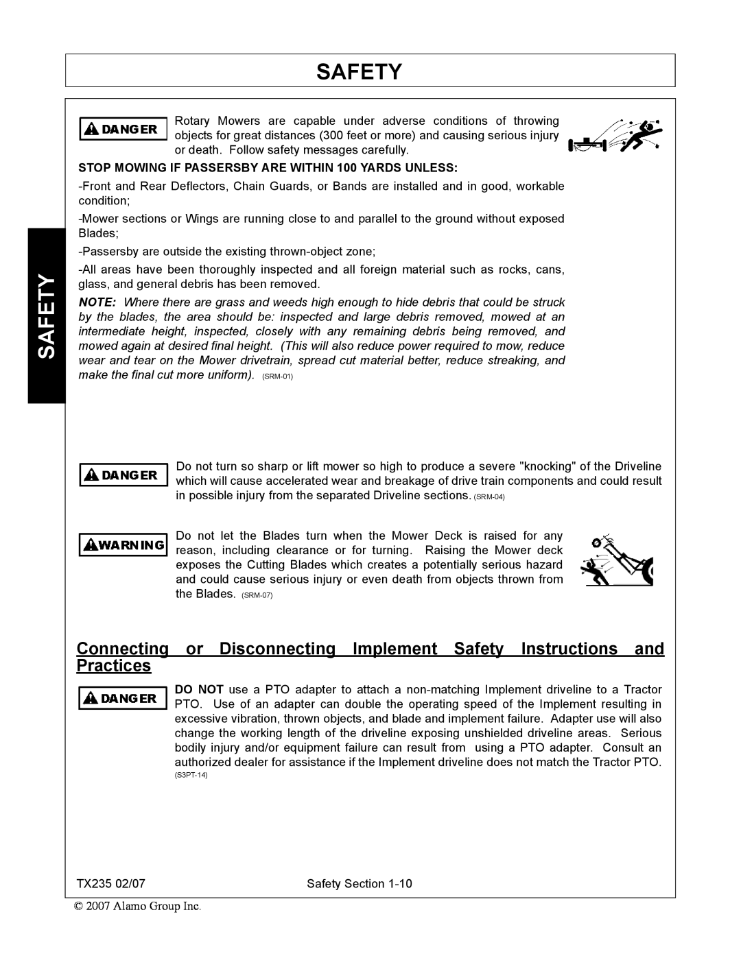 Alamo TX235 manual Safety, STOP MOWING IF PASSERSBY ARE WITHIN 100 YARDS UNLESS, S3PT-14 