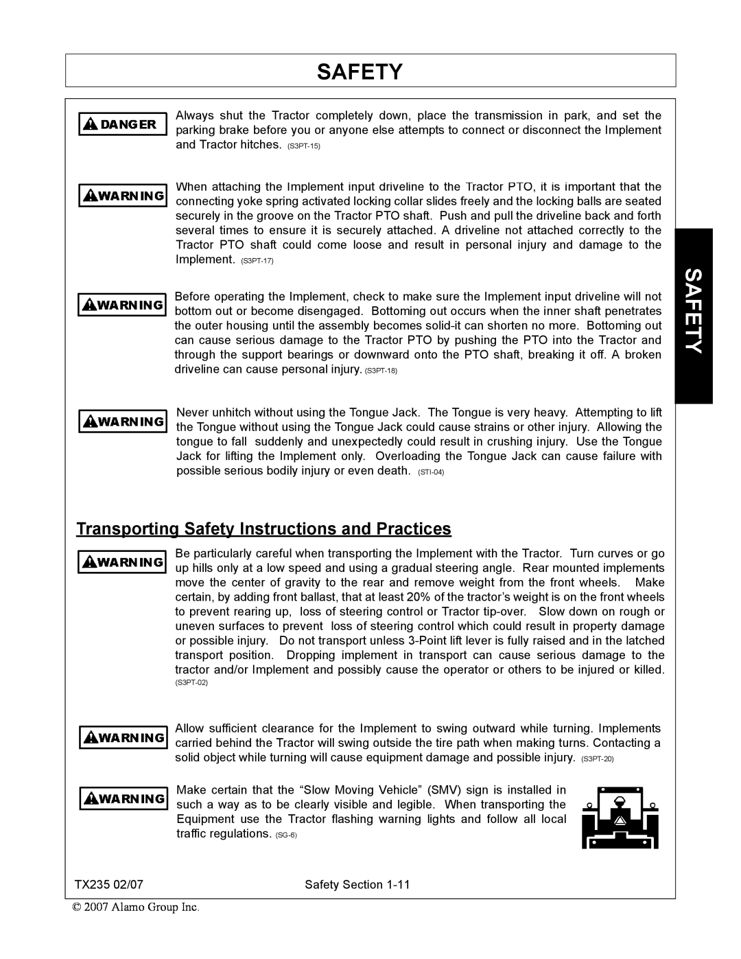 Alamo TX235 manual Transporting Safety Instructions and Practices, S3PT-02 