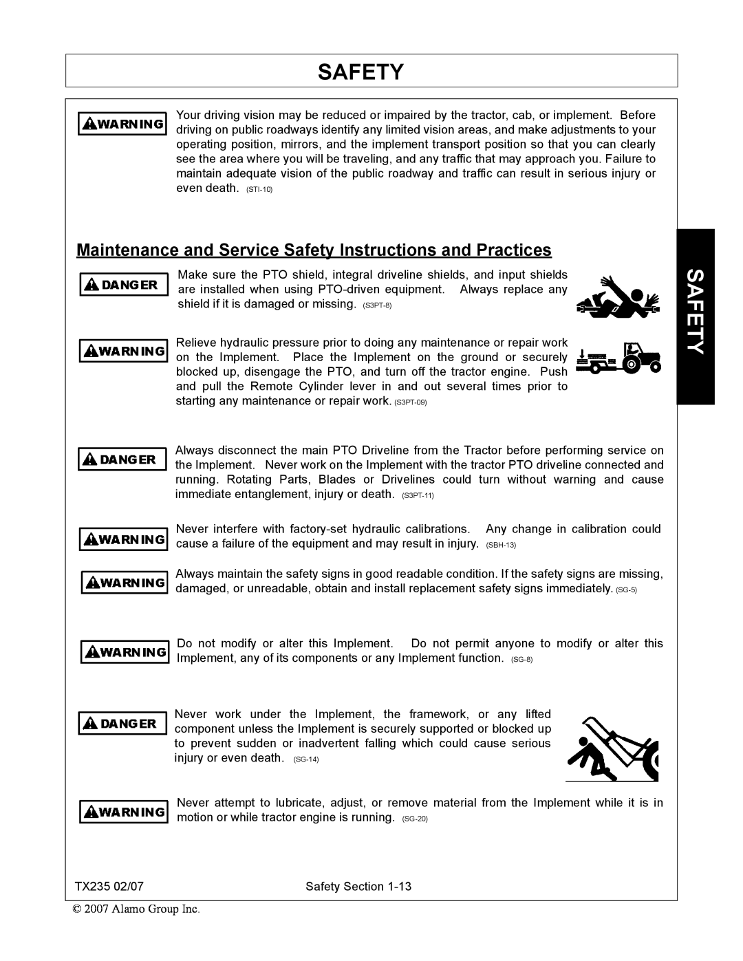 Alamo TX235 manual Maintenance and Service Safety Instructions and Practices 