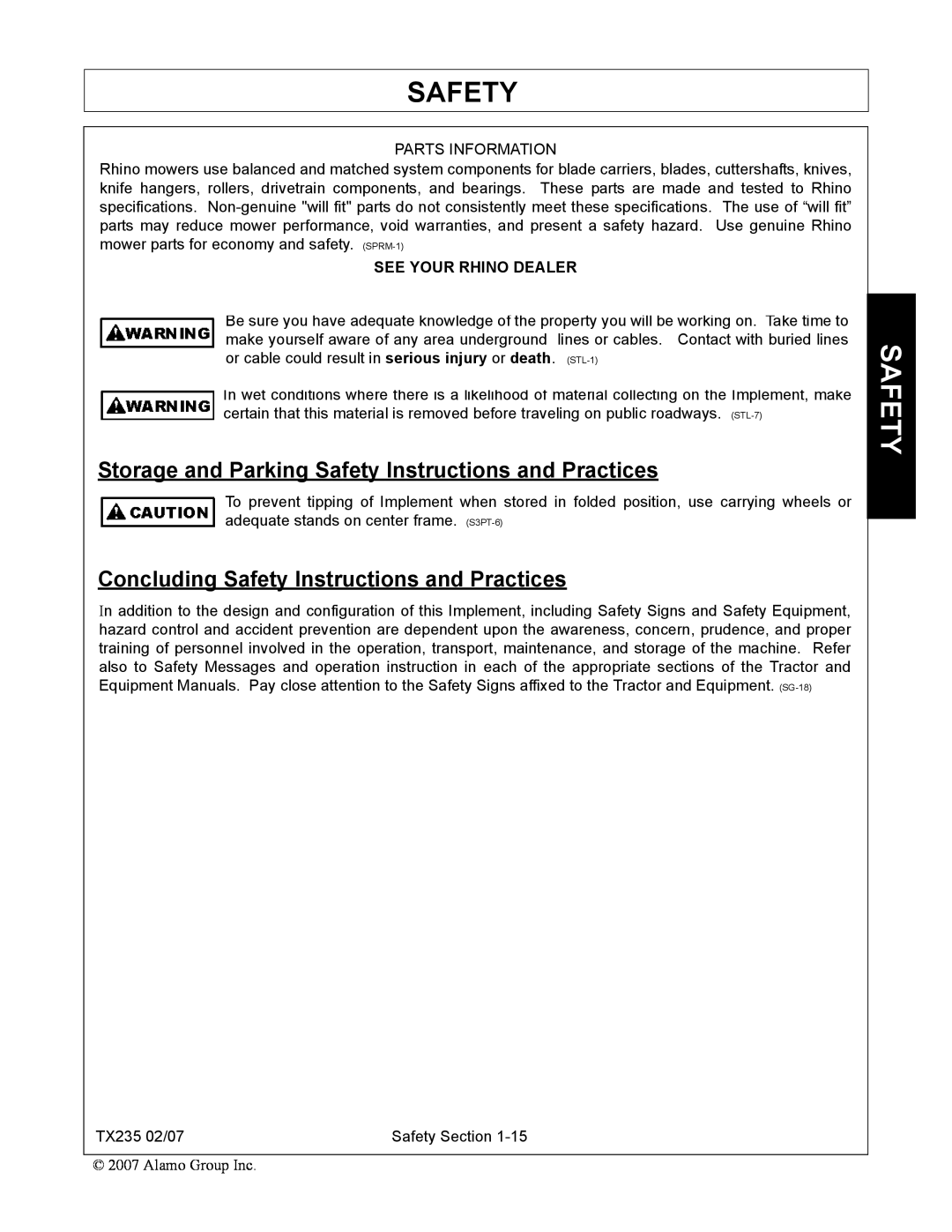 Alamo TX235 manual Storage and Parking Safety Instructions and Practices, Concluding Safety Instructions and Practices 