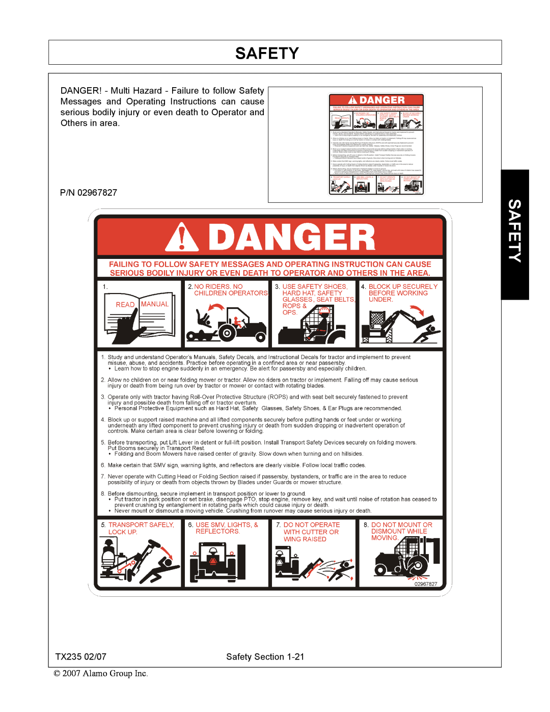 Alamo TX235 manual Safety 